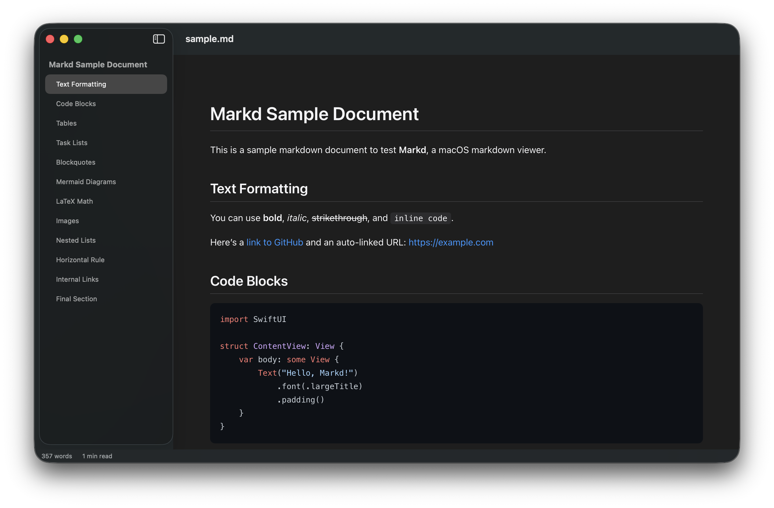 Markd app screenshot showing rendered markdown with TOC sidebar